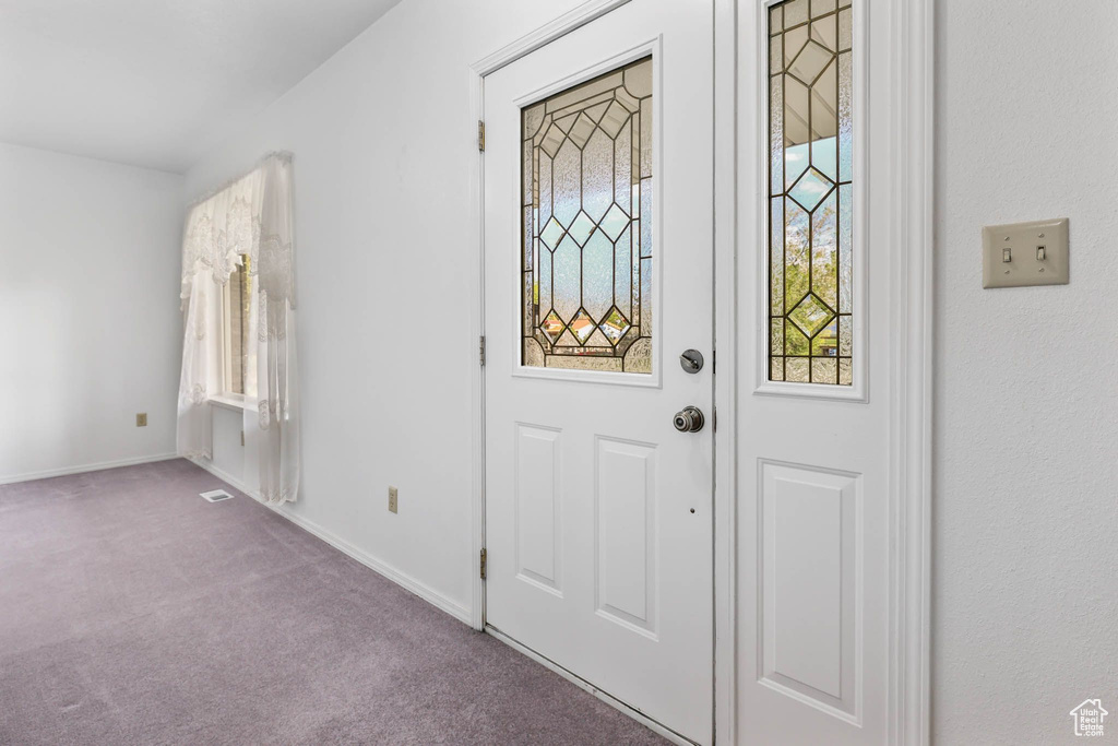 Carpeted foyer with healthy amount of natural light and baseboards