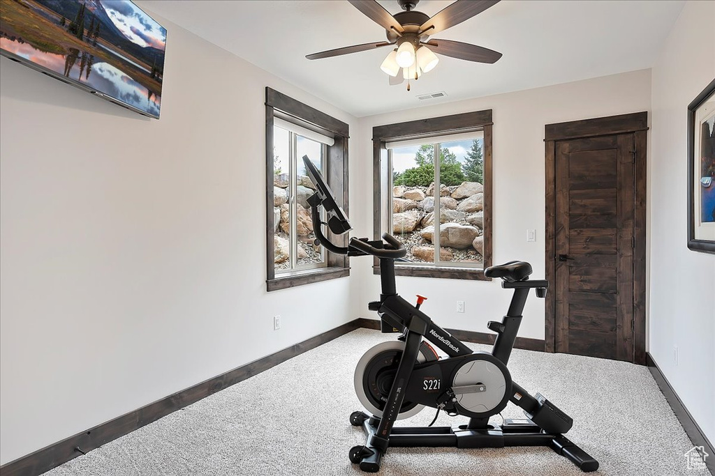 Workout area featuring carpet, a ceiling fan, and baseboards