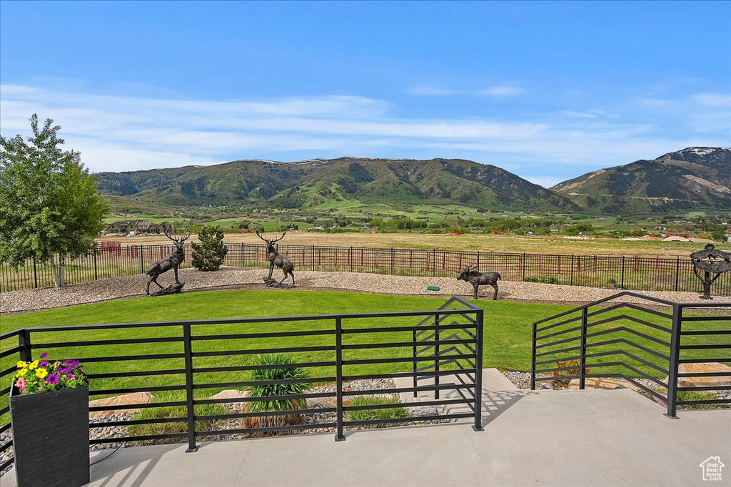 Mountain view with rural landscape and agricultural land