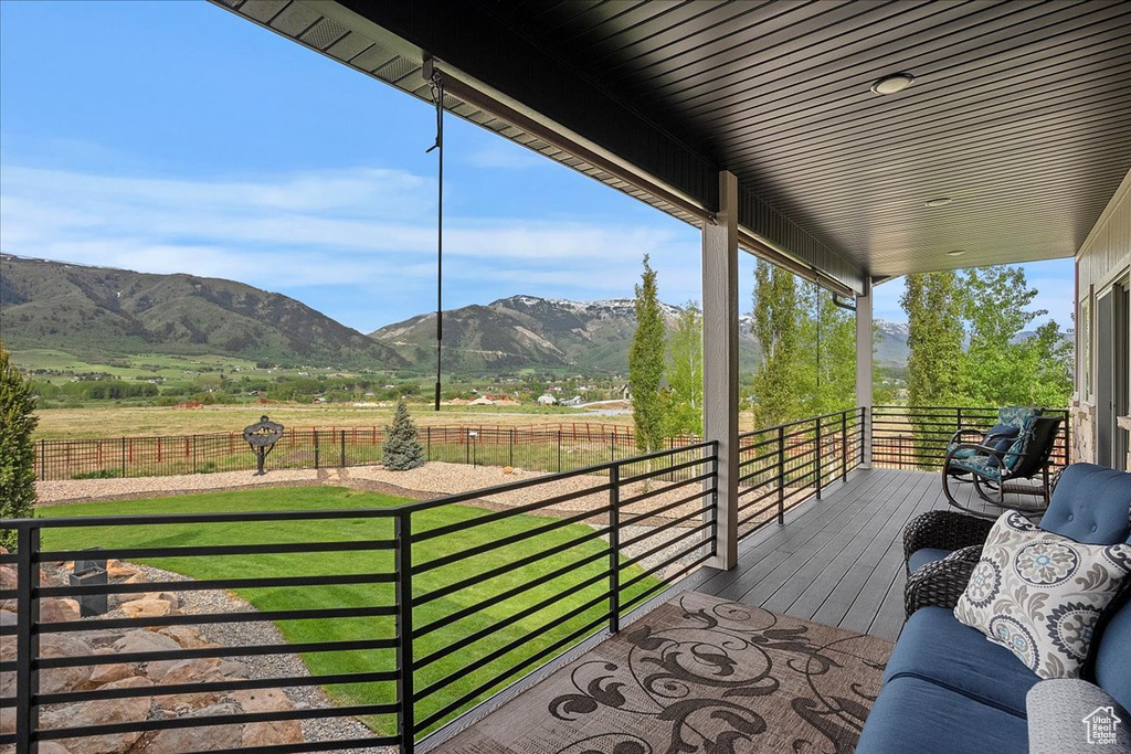 Wooden terrace with a mountain view