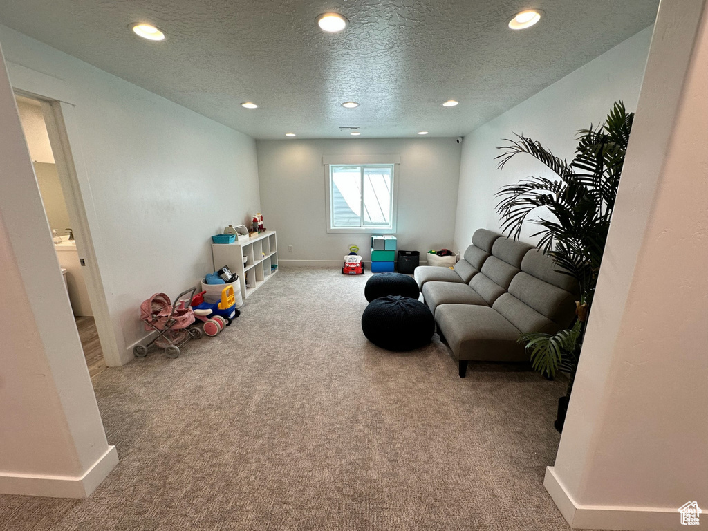 Rec room with carpet floors, recessed lighting, baseboards, and a textured ceiling