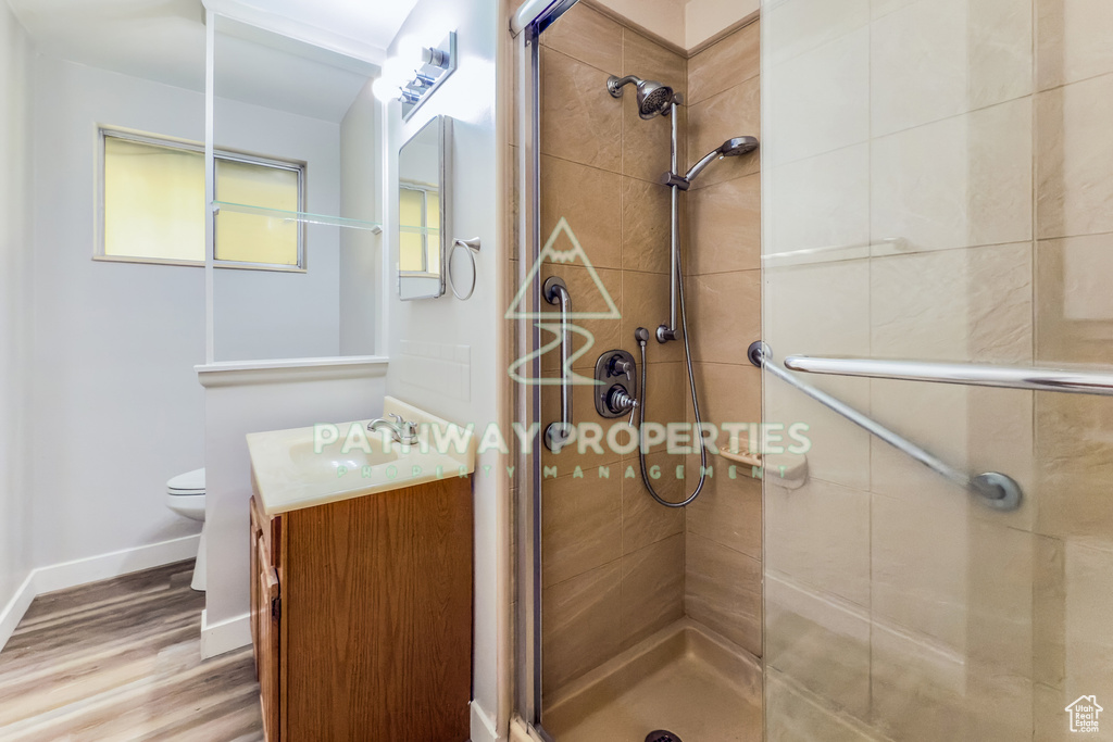 Bathroom with a stall shower, wood finished floors, vanity, toilet, and baseboards