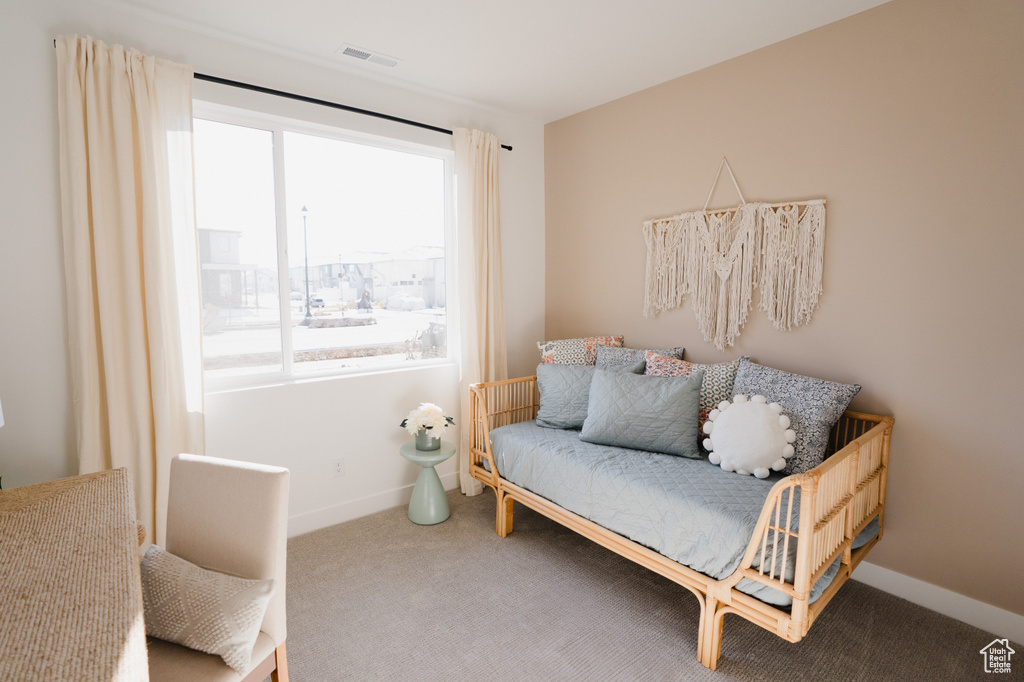 Sitting room with carpet flooring and baseboards