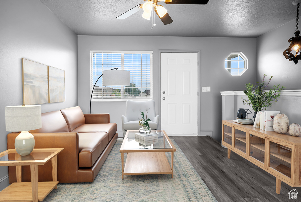 Living room featuring a textured ceiling, wood finished floors, and a ceiling fan