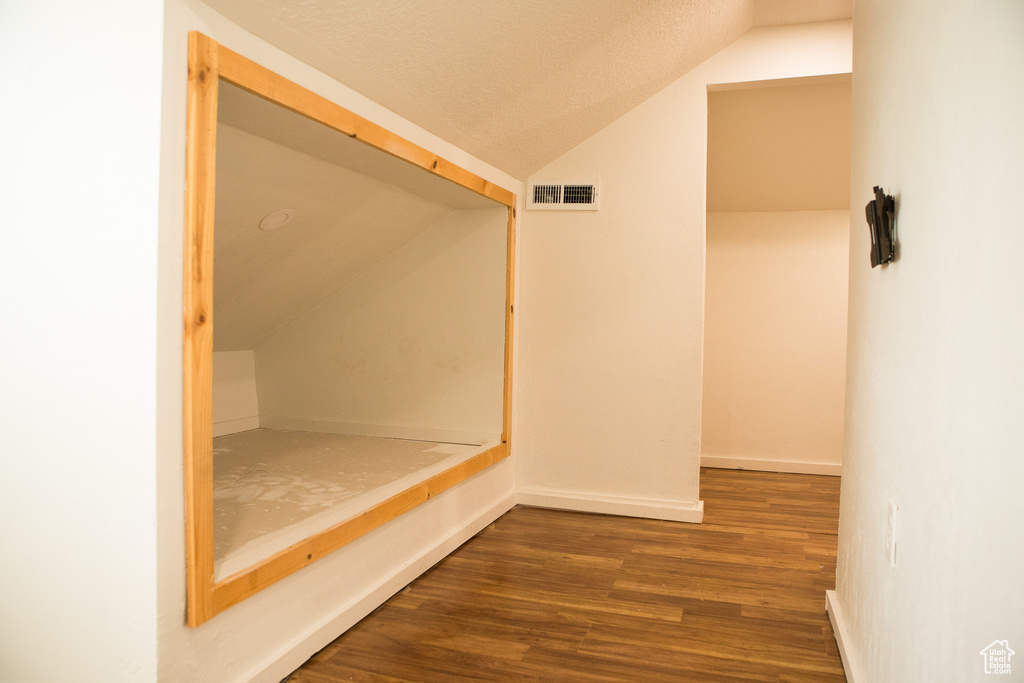 Walk in closet featuring lofted ceiling and wood finished floors