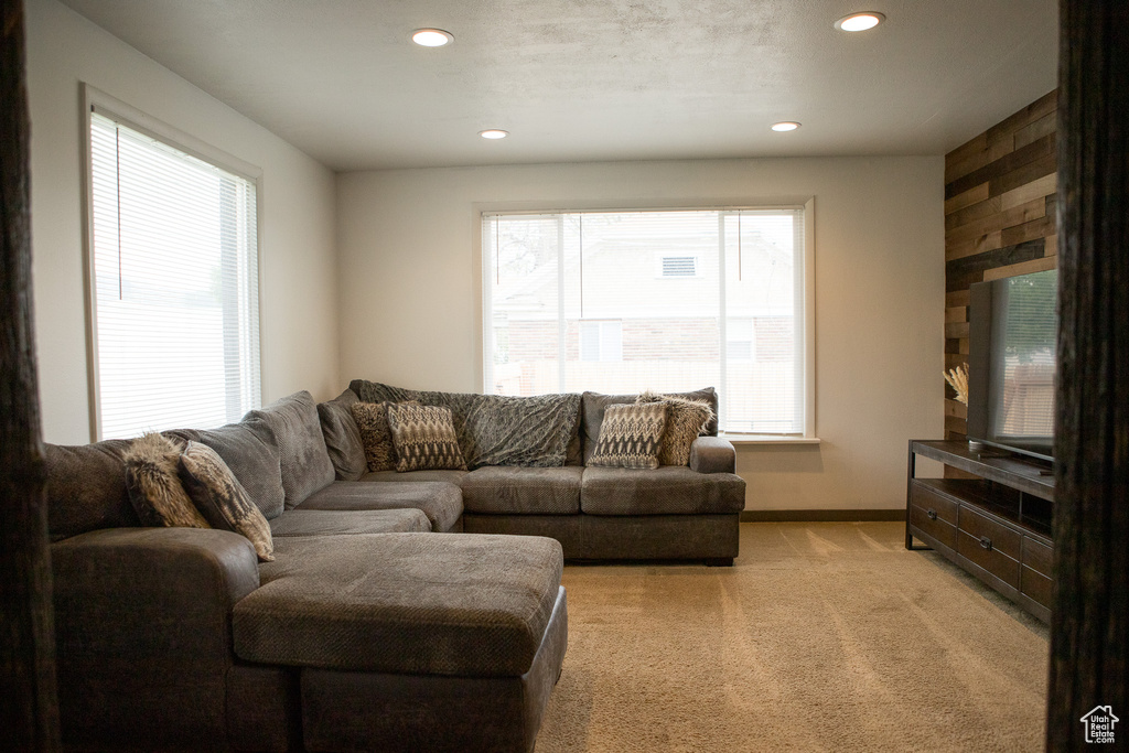 Living area featuring healthy amount of natural light, recessed lighting, light colored carpet, and baseboards