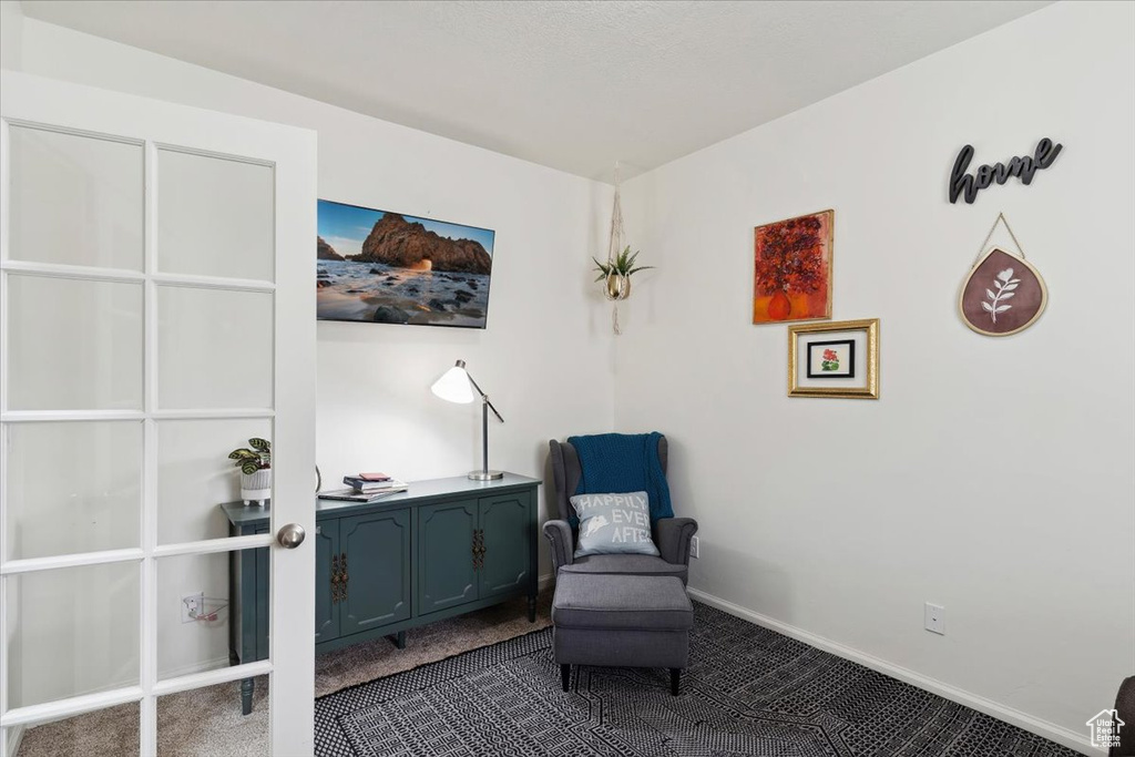 Living area with dark carpet and baseboards