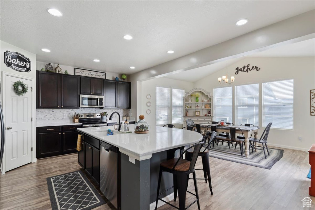 Kitchen with stainless steel appliances, a sink, lofted ceiling, decorative backsplash, and light wood-style floors