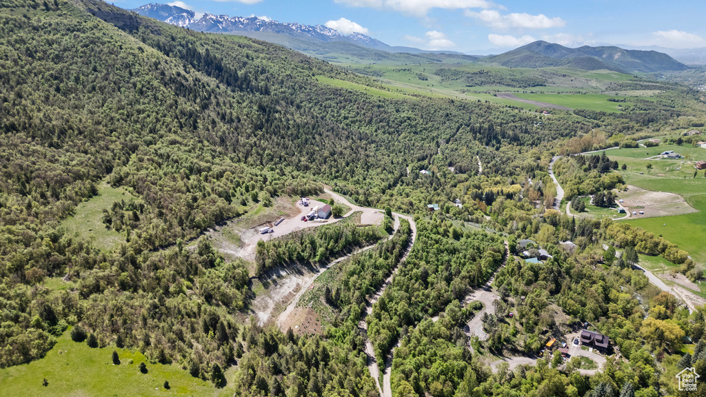 Aerial view of property and surrounding area featuring a mountain backdrop and a forest