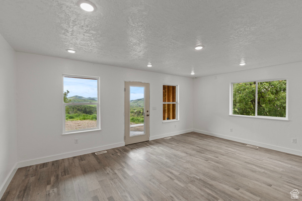 Spare room featuring wood finished floors, healthy amount of natural light, baseboards, a textured ceiling, and recessed lighting