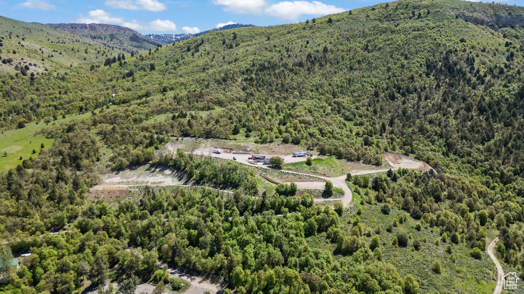Aerial view of property\'s location featuring a heavily wooded area and a mountain backdrop
