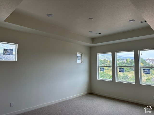 Unfurnished room with light carpet, a textured ceiling, a tray ceiling, and recessed lighting