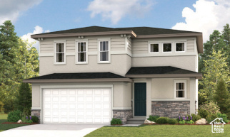 View of front facade featuring stone siding, concrete driveway, a front yard, entry steps, and a garage