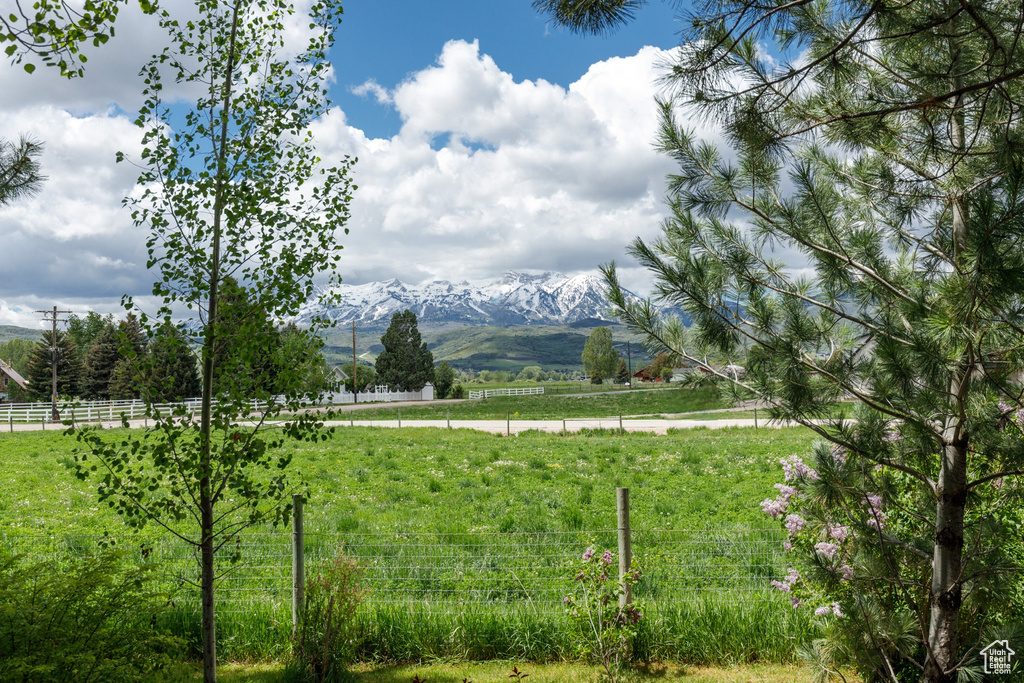 View of yard featuring a rural view, fence, and a mountain view