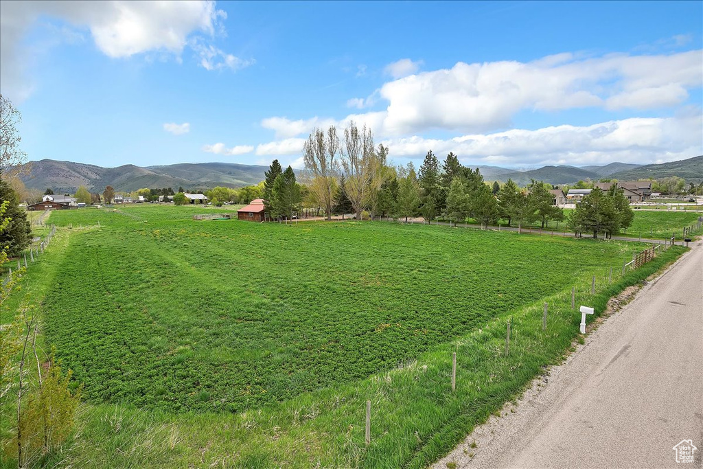 View of green lawn featuring a mountain view and a view of rural / pastoral area