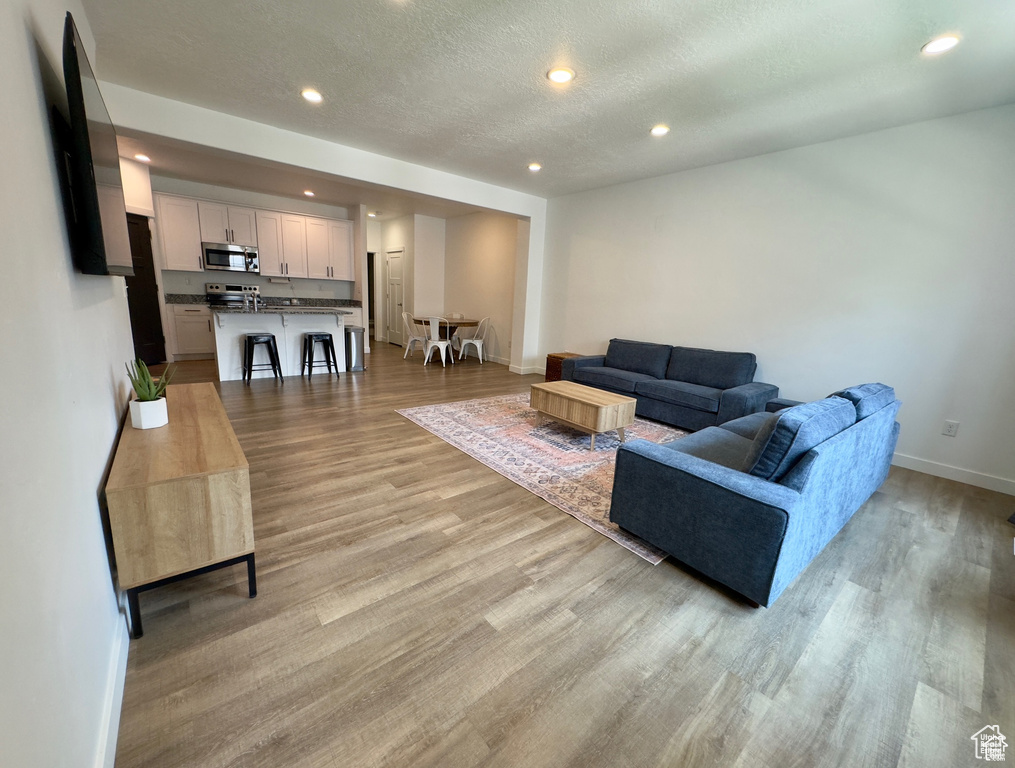 Living area featuring baseboards, light wood-style flooring, recessed lighting, and a textured ceiling