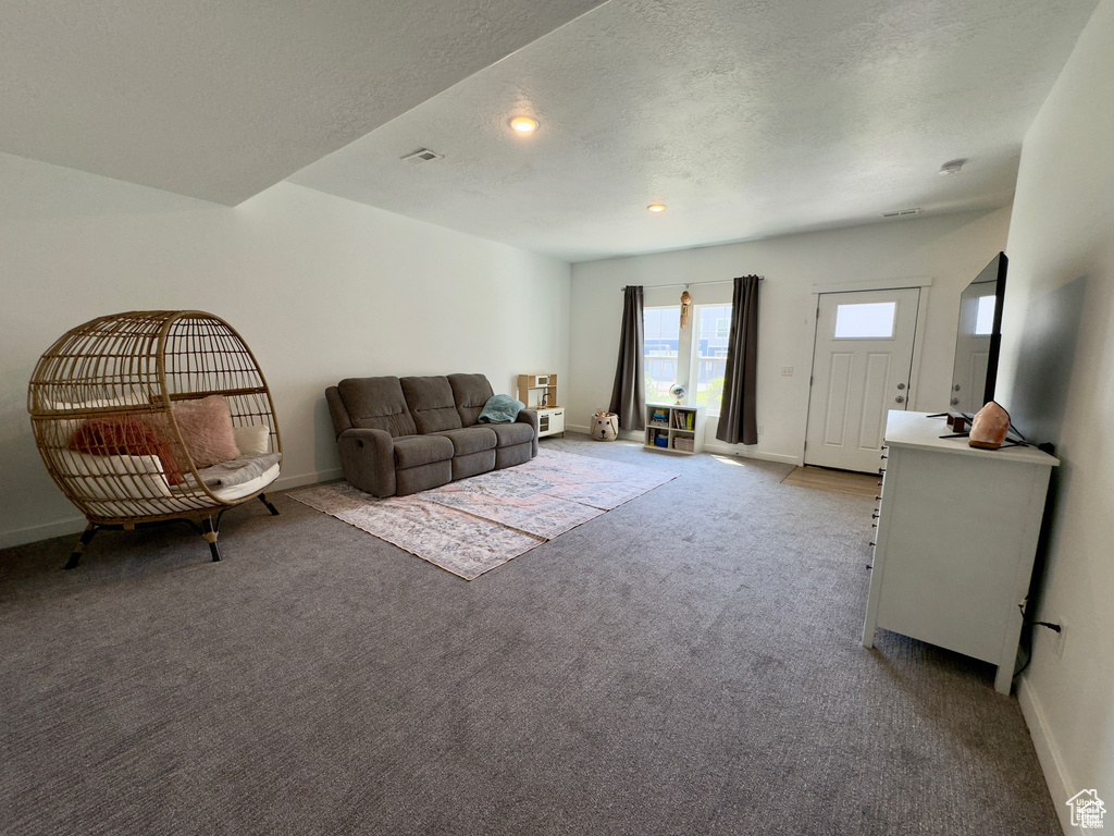 Living area featuring carpet flooring, a textured ceiling, baseboards, and recessed lighting