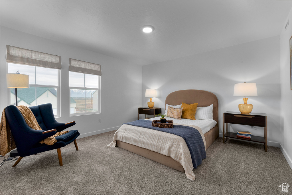 Carpeted bedroom featuring baseboards