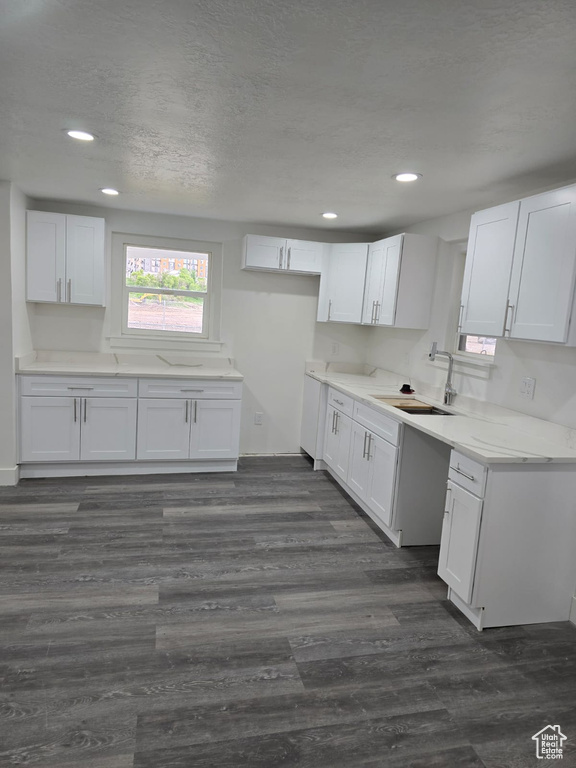 Kitchen featuring a sink, white cabinets, recessed lighting, dark wood finished floors, and light countertops
