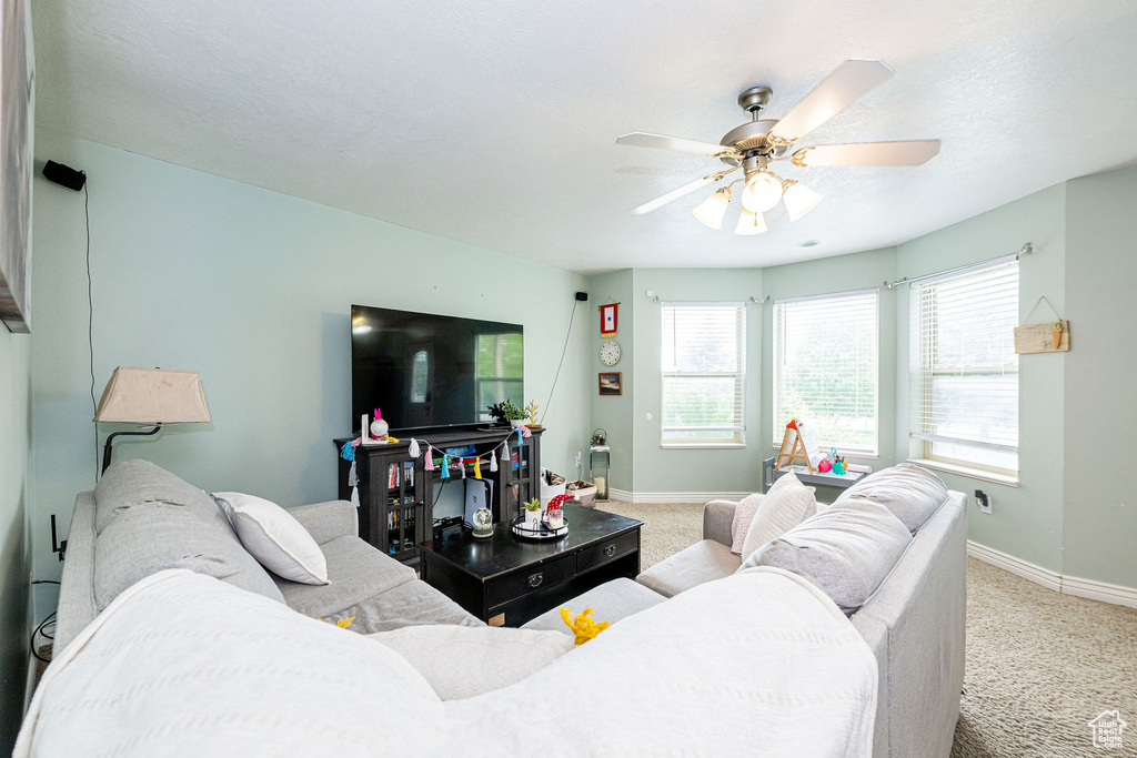 Living area with ceiling fan, carpet flooring, and baseboards