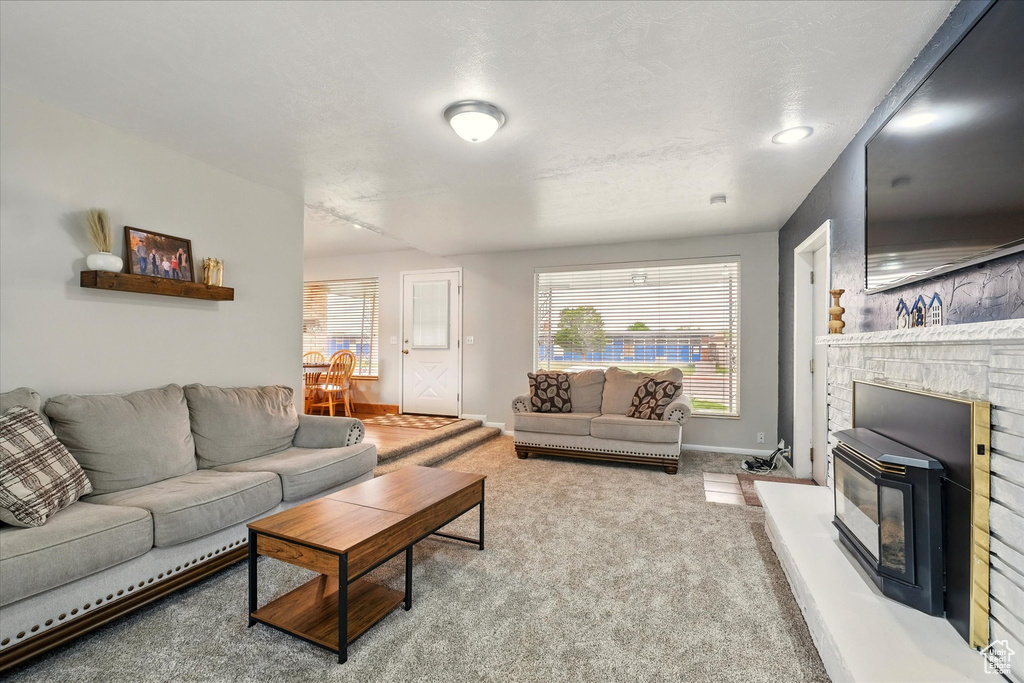 Carpeted living area with baseboards