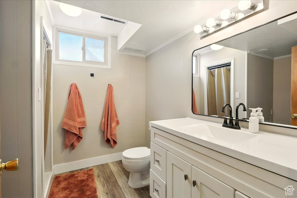 Bathroom featuring wood finished floors, crown molding, toilet, vanity, and curtained shower