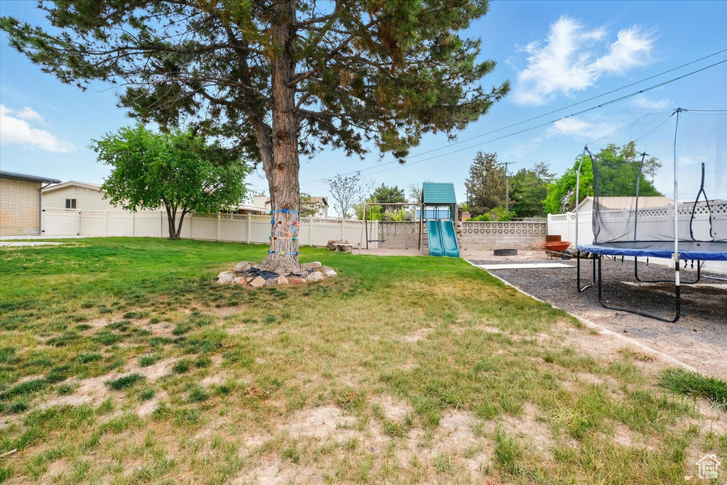 View of yard featuring a trampoline and a playground