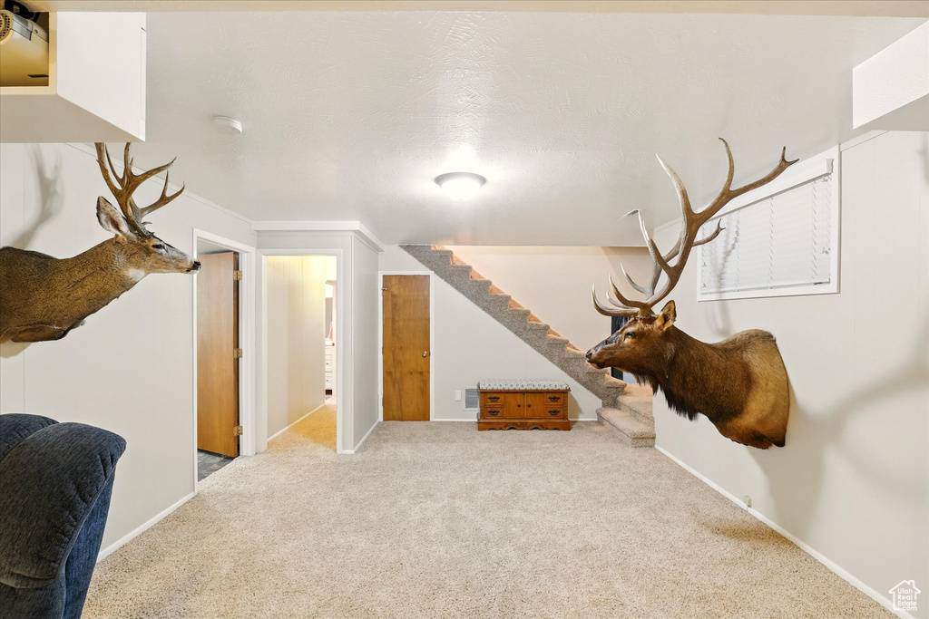 Bonus room with carpet flooring, stairway, and baseboards