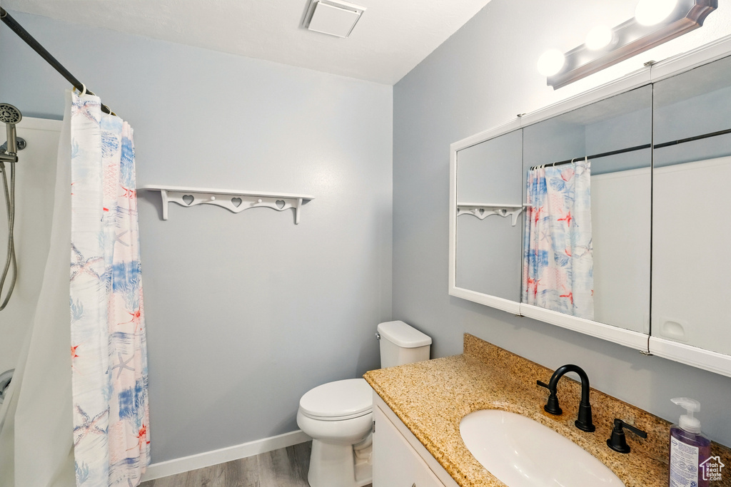 Bathroom featuring wood finished floors, toilet, vanity, and a shower with shower curtain