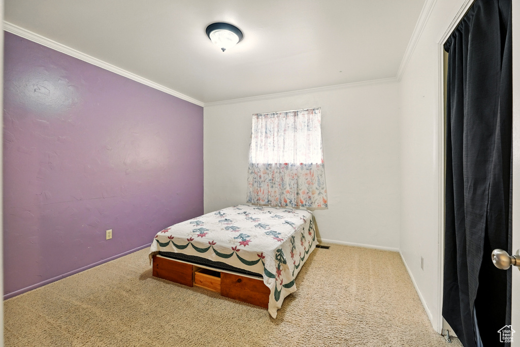 Carpeted bedroom featuring ornamental molding and baseboards