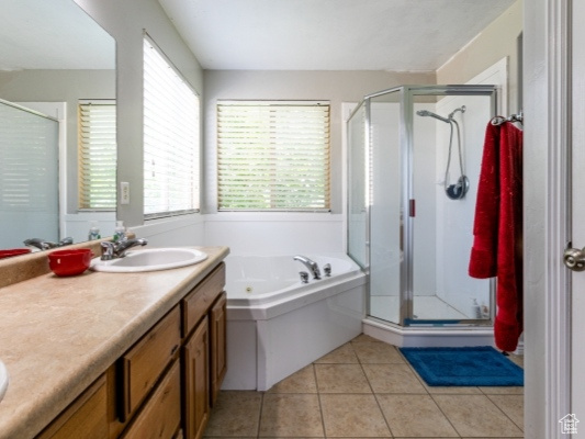 Full bathroom featuring a shower stall, a jetted tub, and double vanity