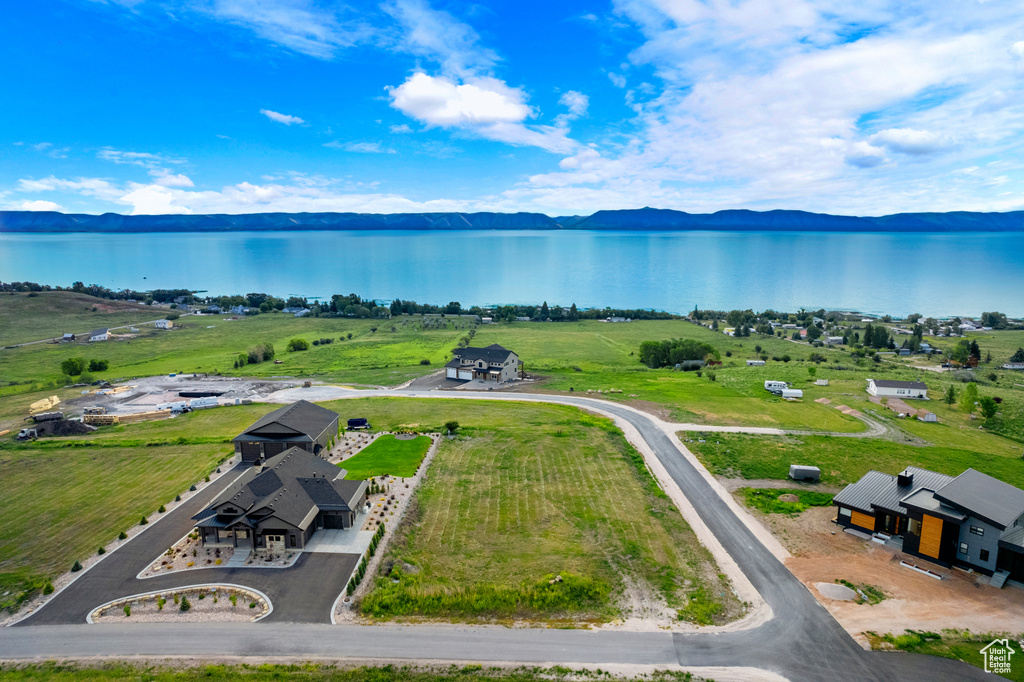Aerial view of a water and mountain view