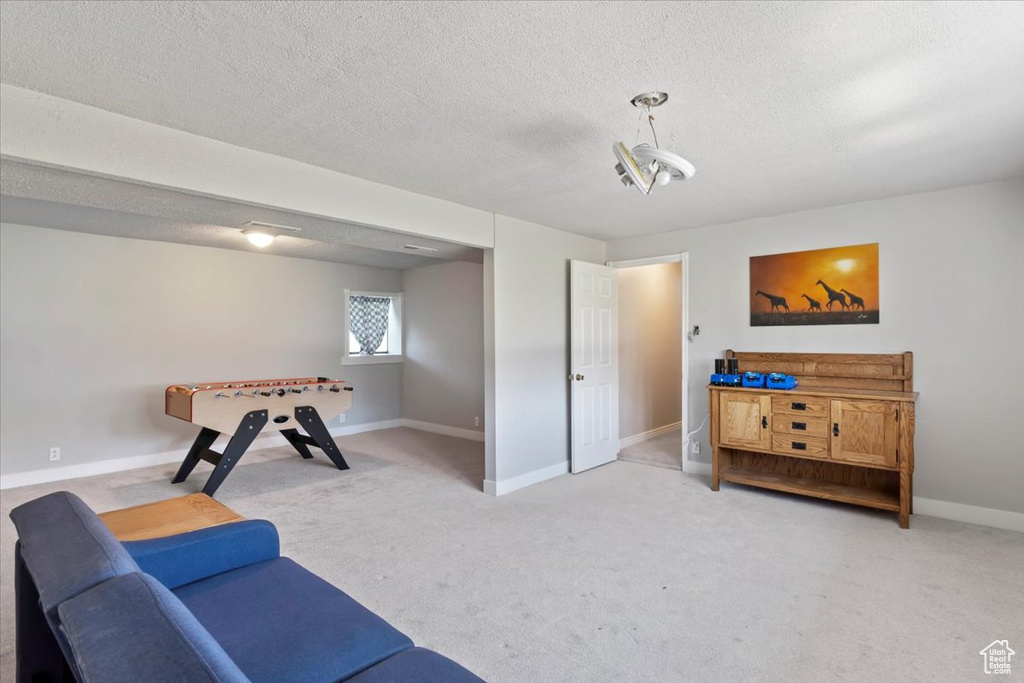Game room featuring light colored carpet, baseboards, and a textured ceiling
