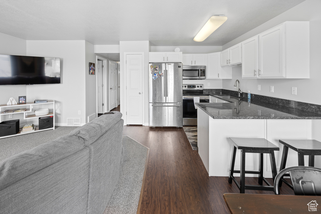 Kitchen with stainless steel appliances, open floor plan, a peninsula, and dark wood-style floors