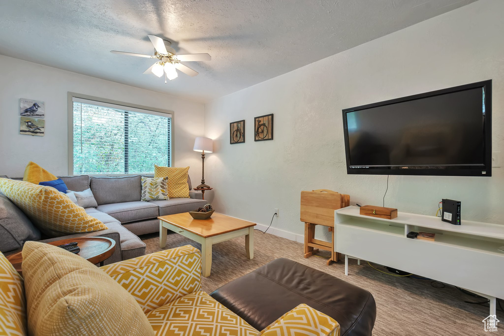 Living room with a ceiling fan, carpet floors, a textured ceiling, and baseboards