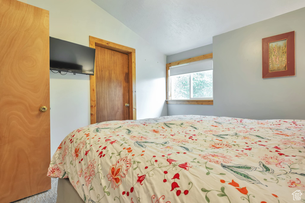 Bedroom with lofted ceiling and a closet