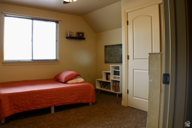 Bedroom featuring carpet and vaulted ceiling