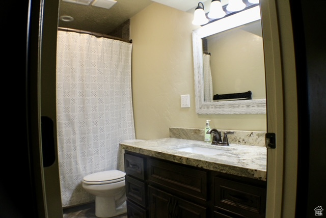 Full bath with toilet, vanity, and curtained shower