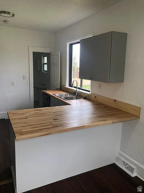 Kitchen with wood counters, a sink, dark wood-style floors, a peninsula, and gray cabinets