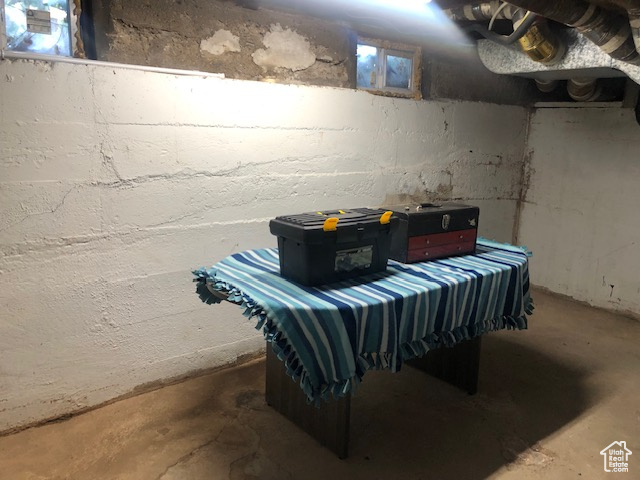Basement view of unfinished concrete flooring