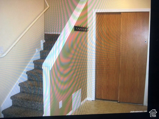 Stairs with wallpapered walls