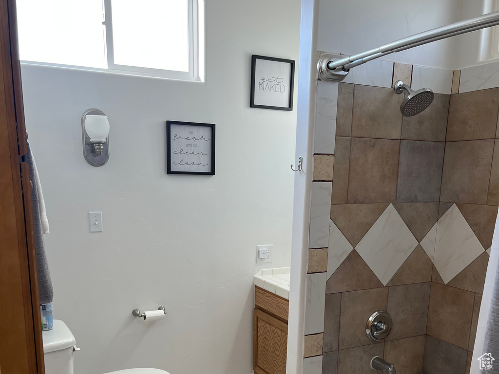 Bathroom featuring toilet, vanity, and  shower combination