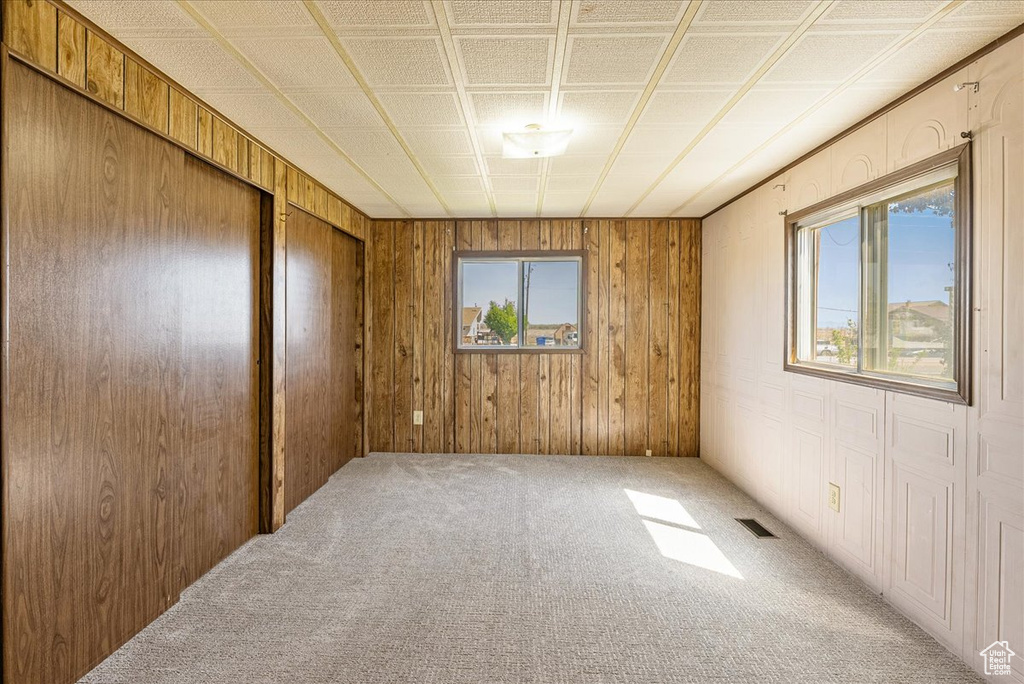 Carpeted spare room with wood walls