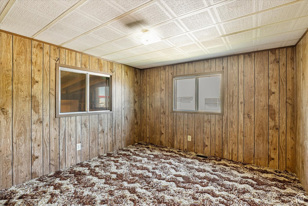 Carpeted spare room featuring wooden walls