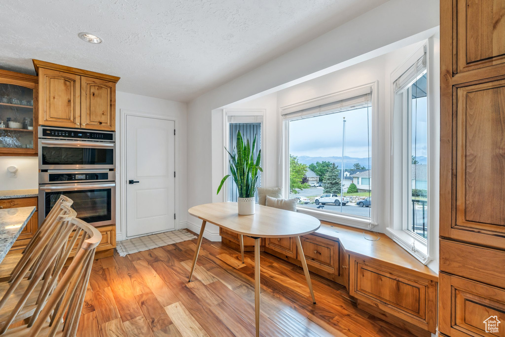 Dining room with light wood-type flooring, a textured ceiling, and a mountain view