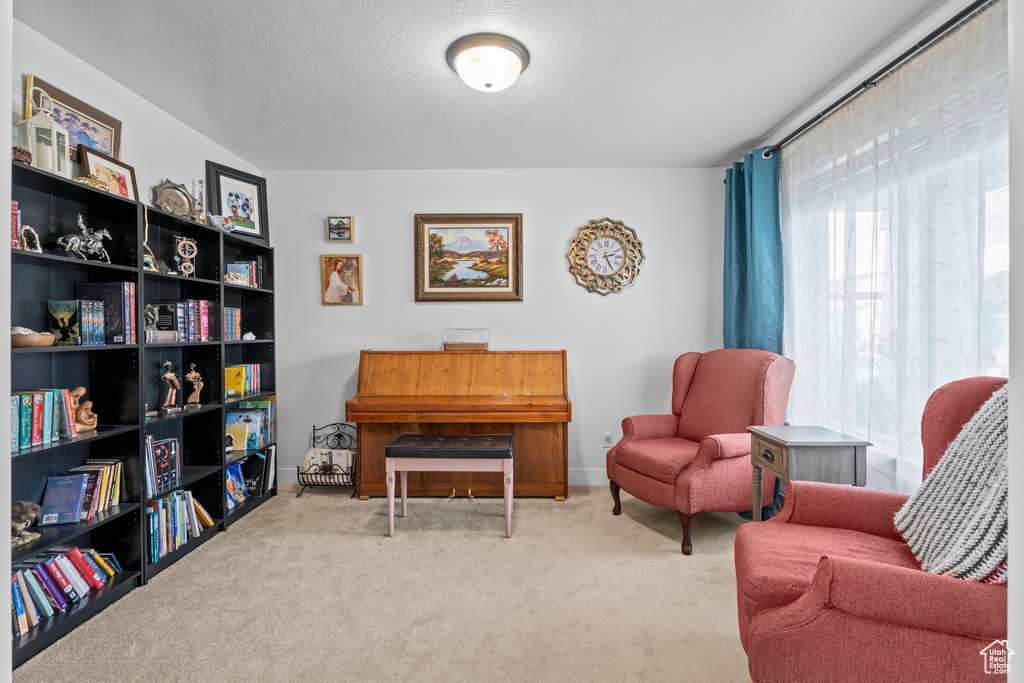 Living area featuring carpet flooring