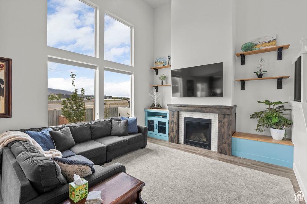 Living area featuring a high ceiling, wood finished floors, a fireplace, and baseboards