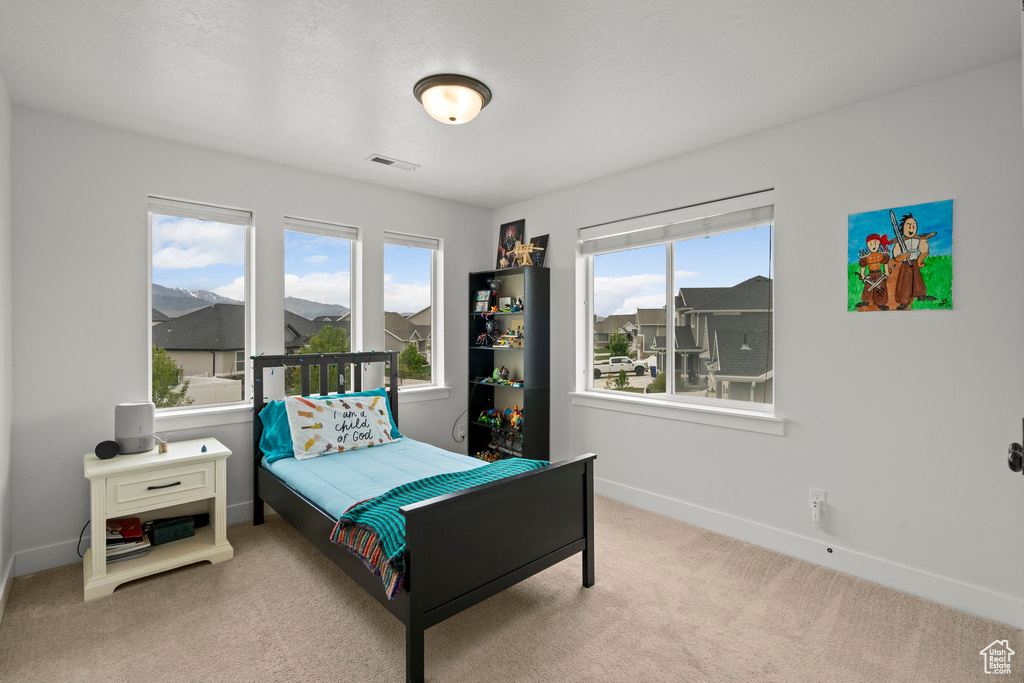 Bedroom with multiple windows, light colored carpet, and baseboards