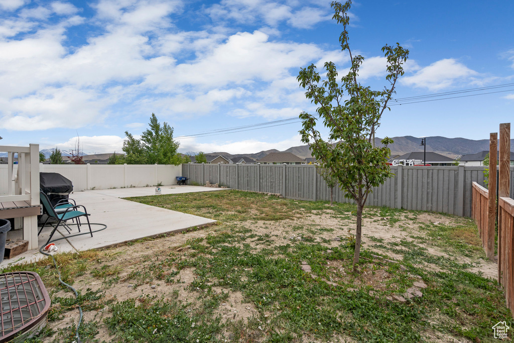 Fenced backyard with a patio area and a mountain view