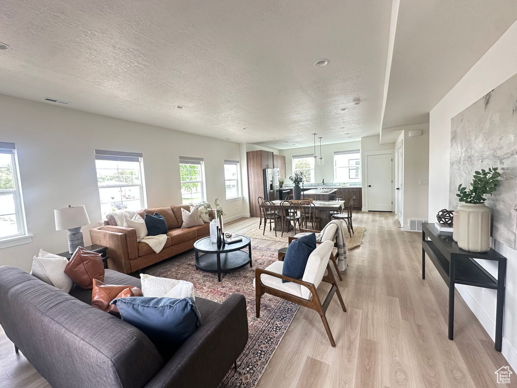 Living area with light wood finished floors, a textured ceiling, and baseboards
